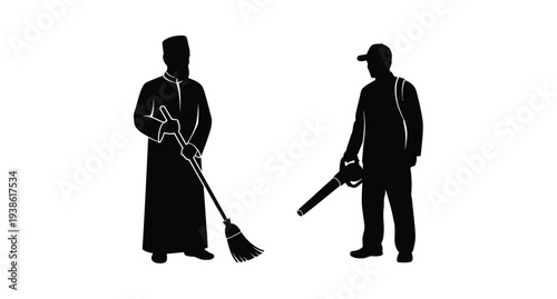 Two men in traditional attire depicted in a striking silhouette