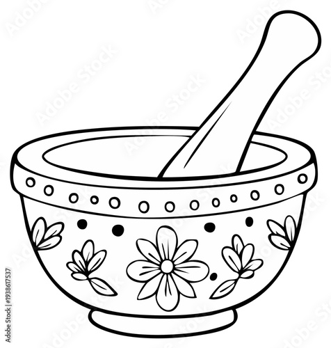 Hand drawn mortar and pestle kitchen tool illustration for coloring book or page with floral ornament