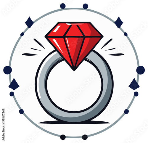 Engagement Ring with Large Red Diamond in Circular Frame A symbolic illustration of commitment, romance, and eternal love with a shiny stone.