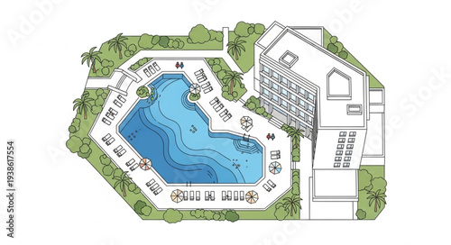 Aerial view of a luxury resort swimming pool and hotel building.