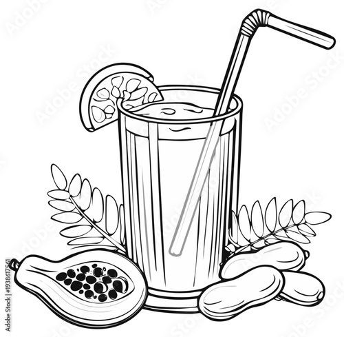 Healthy drink with papaya, peanuts and leaf decoration in black and white