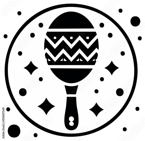 Vibrant traditional maraca instrument with festive zigzag pattern and sparkling celebratory elements