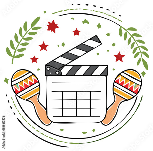 Festive film festival concept with movie clapperboard and maracas illustration