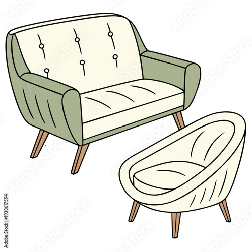 a comfortable mid-century modern green upholstered loveseat with clean lines, wooden legs, and a matching accent chair, both in a retro style,highly detailed, photorealistic, 8K resolution
