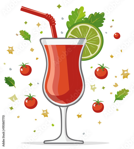 Illustration of a refreshing red cocktail with lime and tomatoes on white
