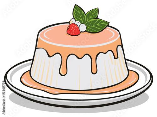 Dessert panna cotta illustration topped with strawberry and mint garnish on a plate with sweet topping drizzle