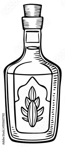 Potion Bottle with Cork and Decorative Label Black and White Illustration