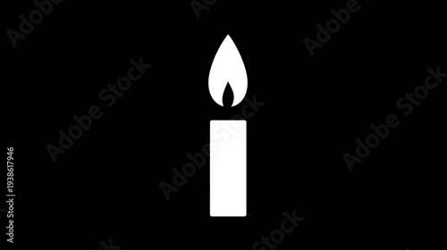 A white candle burns brightly with a stylized flame against a solid black background