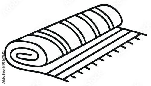 Rolled striped rug with fringed edges and a loosely unrolled section