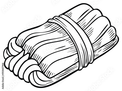Stylized Drawing of a Tamale Wrapped in Corn Husks Tied with Twine in a Sketchy Outline Style