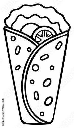 Line art burrito with vegetables. Uncolored tortilla wrap filled with tomato and lettuce for coloring page activity.