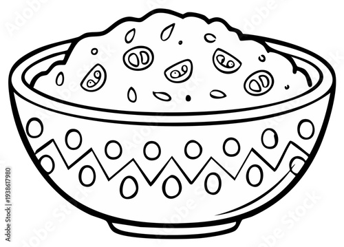 Line Art Illustration of a Bowl of Guacamole with Tomato Slices and Cilantro