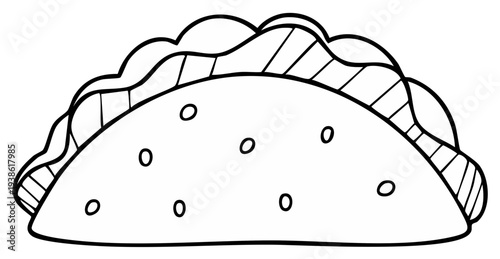 Hand drawn black and white outline of a taco with ingredients and dots on the shell