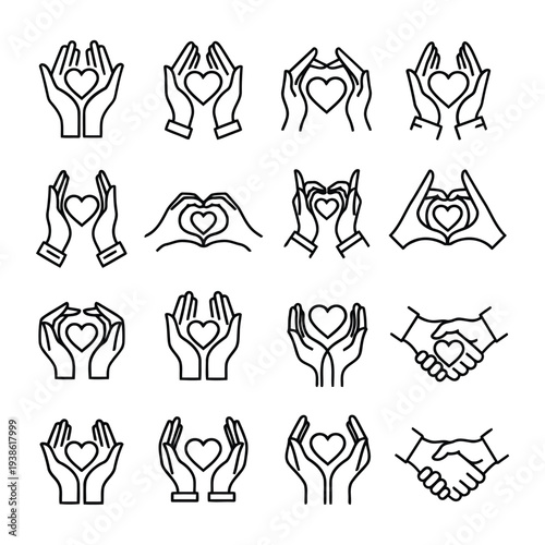 Hands holding heart icons in various styles and forms of care and love