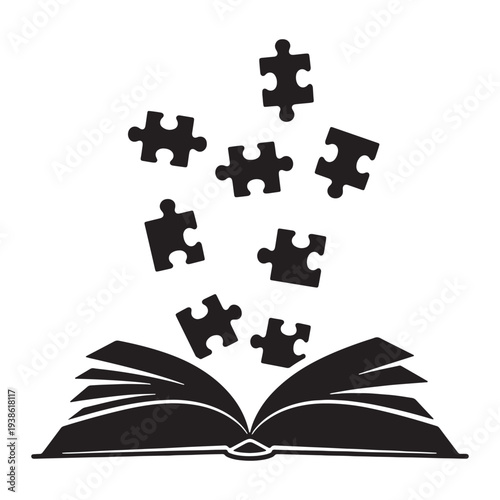 A silhouette of an open book with puzzle pieces flying out of it against a white background silhouette