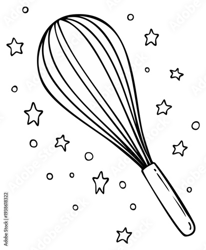 Outline of a whisk and stars in whimsical black and white