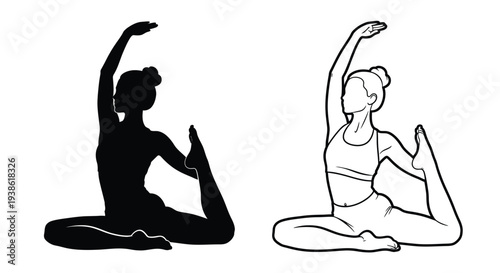 Woman practicing yoga in two styles with a striking silhouette