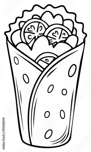Illustration of a Shawarma Wrap with Meat, Lettuce, and Lemon Slices Outline