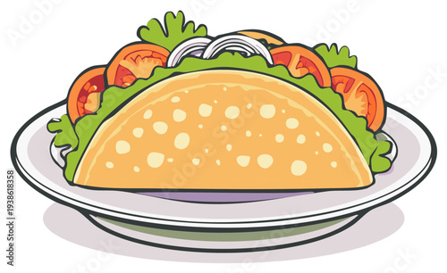 Freshly prepared taco overflowing with crisp lettuce ripe tomatoes and sliced onions on a white plate