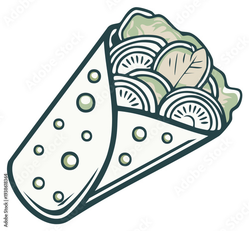 Cartoon illustration of a fresh wrap filled with vegetables and greens