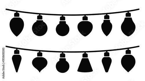 Black silhouette string lights with bulbs hanging on wires against white background for party decoration