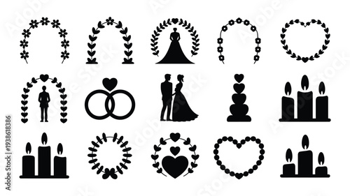Wedding decoration silhouette logo set with hearts rings and couples for love and marriage themes