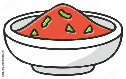 Colorful cartoon illustration of a fresh red salsa dip or Mexican condiment in a white serving bowl with green chunks