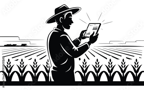 Agronomist Using Smartphone In Field For Smart Farming, Digital Agriculture Management Concept. Pure Black And White Silhouette Vector Illustration Of Farmer Monitoring Crop Data With Mobile App, Tech