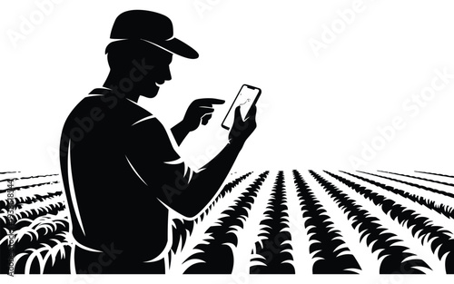 Farmer Checking Crop Data On Smartphone In Field, Smart Farming Technology Concept. Pure Black And White Silhouette Vector Illustration Of Agronomist Using Mobile App For Agriculture Management