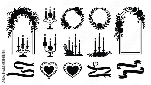 Vector illustration of black wedding decorations floral wreaths candelabras hearts and ribbons on white background for valentine's day or wedding design