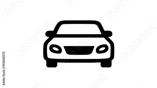 A black and white front view illustration of a car icon with simple, bold lines