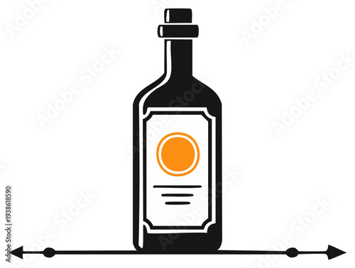 Stylized dark glass bottle with orange label and minimalist arrow graphic