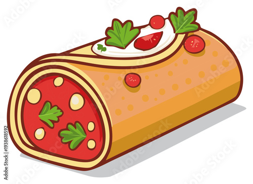 Rolled crepe or pancake filled with savory ingredients topped with cream and cherry tomatoes