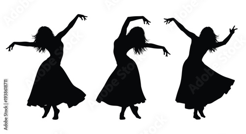 Three dancers in flowing dresses captured as a striking silhouette