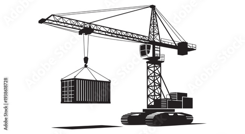 Construction Crane Silhouette, black vector illustration of crane lifting cargo container, isolated on white background for industrial and logistics projects