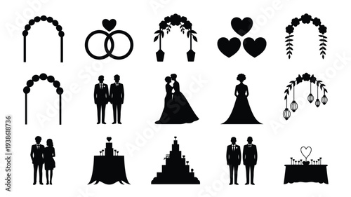 Luxury wedding decoration and silhouette icons for planning black on white background