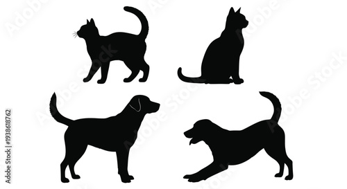 Four animal silhouettes cats and dogs in black against a white background silhouette
