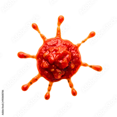 Abstract splash of rich red tomato sauce, forming a unique star-like pattern with dynamic droplets, highlighting its fresh texture, perfectly isolated on white, great for food imagery