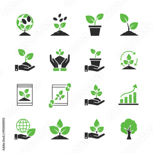 Collection of green growth icons featuring plants and hands nurturing them globally