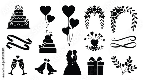 Black wedding icons set including cake hearts couple gifts and decorations on white background for marriage and celebration design