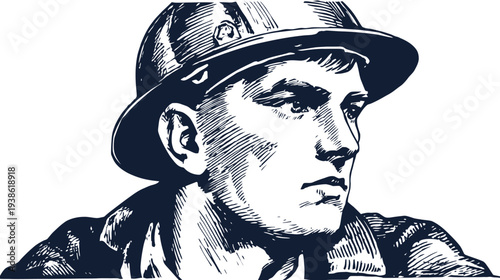 A black and white illustration of a man wearing a helmet, looking to the side
