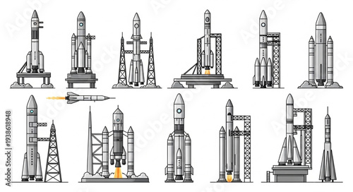 Collection of various rocket launch vehicles and spacecraft.