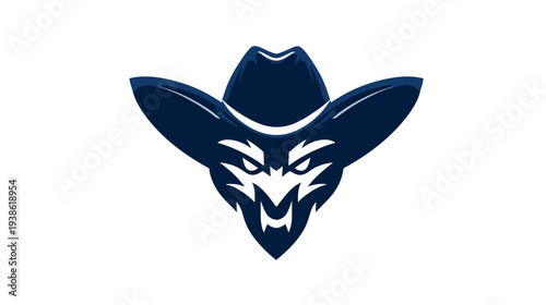 A stylized cowboy hat with a fierce animal-like face incorporated into its center, in navy blue