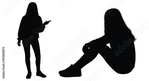 Two women in contrasting poses a striking black silhouette