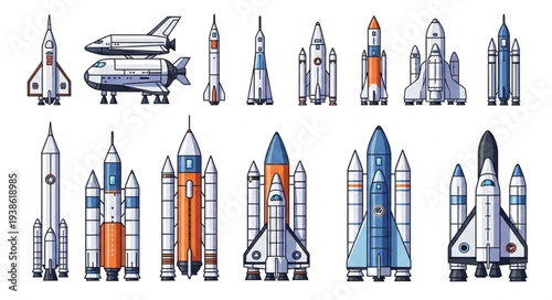 Collection of various rockets and spacecraft illustrations.