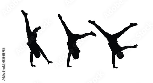 Three acrobats performing handstands and cartwheels against a white background silhouette