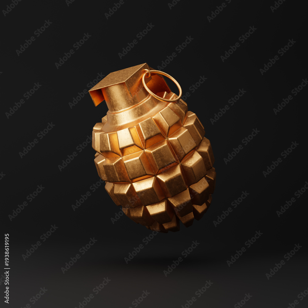 Fototapeta premium Gold hand grenade isolated over black background. 3D rendering.