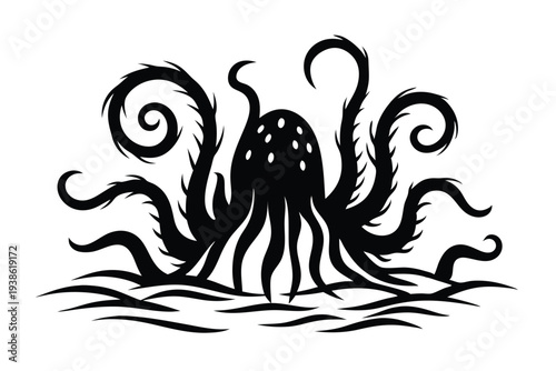 Eldritch alien monster silhouette with alien tentacles, cosmic horror illustration