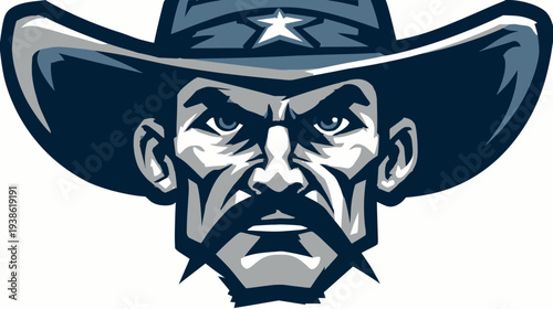 A stern cowboy with a thick mustache and cowboy hat in grayscale