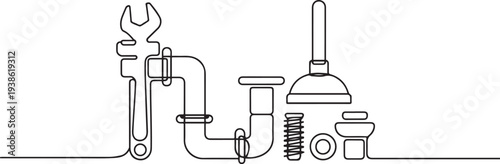 continuous line of plumbing repair supplies.one line drawing of tools for repairing piping. one line art icon drawing vector